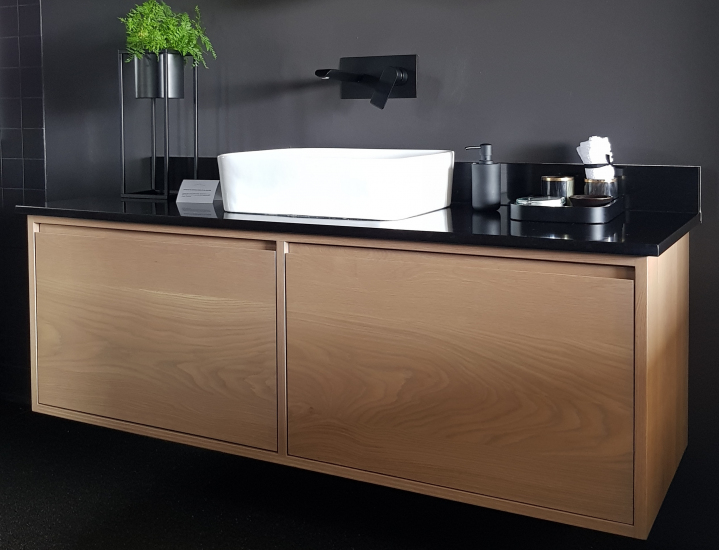 Vanity built in American White Ash with drop down doors
